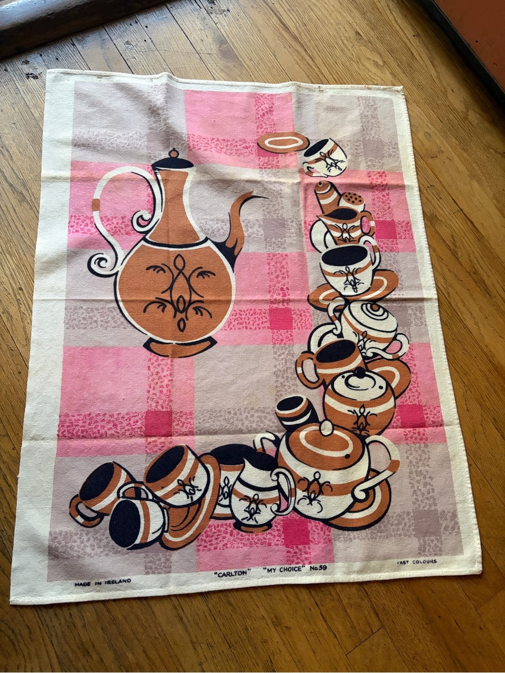 Vintage Pink, Cream and Brown Tea Towel with Teapot and Cup Motif